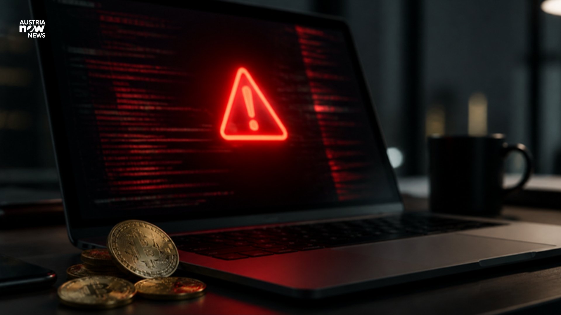 صورة توضيحية رمزية: حاسوب محمول يظهر تحذيراً أمنياً وعملات رقمية
