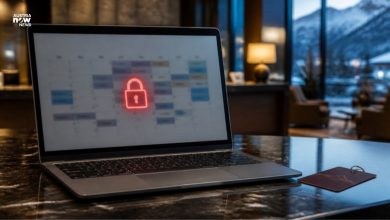 حاسوب محمول في مكتب استقبال فندق يظهر عليه رمز قفل أحمر