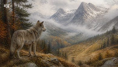 ذئب رمادي على طرف غابة ألبية – رسم توضيحي رمزي