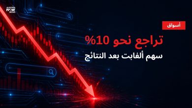 رسم توضيحي لمخطط أسهم رقمي مع سهم أحمر هابط وعبارة تراجع نحو 10%