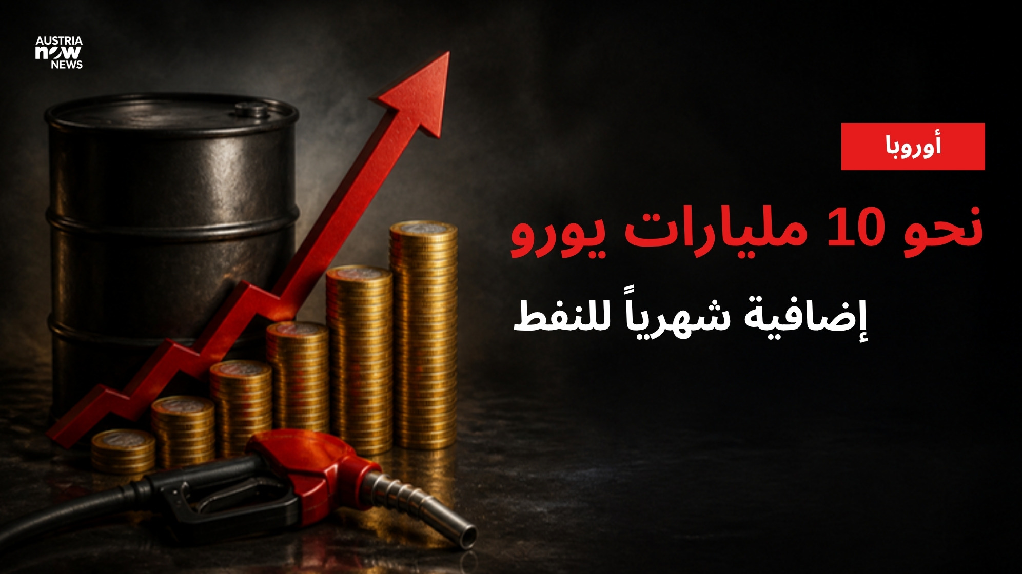 رسم توضيحي لبرميل نفط وأكوام عملات وسهم صاعد مع عبارة نحو 10 مليارات يورو إضافية شهرياً للنفط