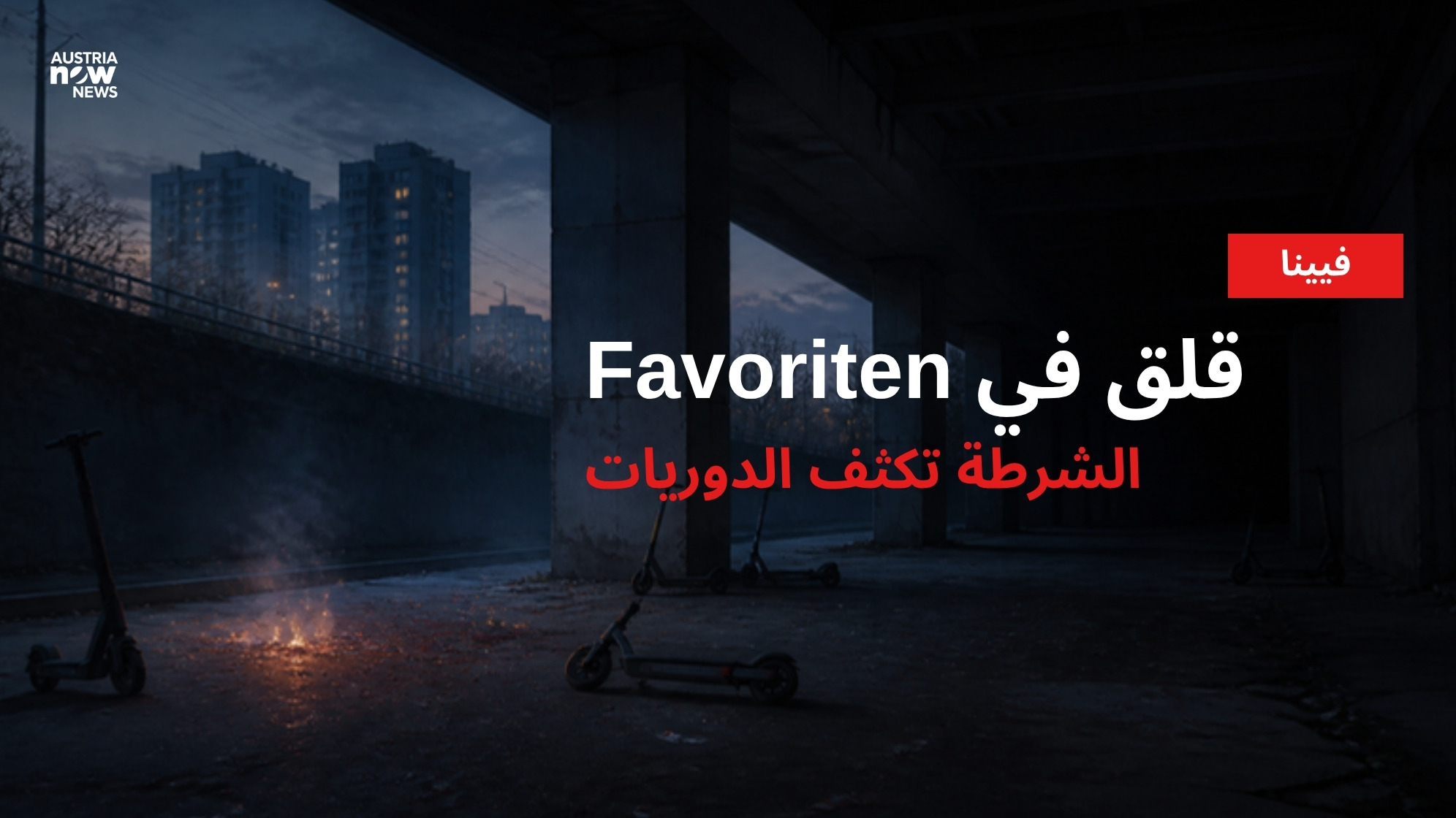 رسم توضيحي لنفق مشاة في ضاحية مدينة مع سكوترات متروكة وعبارة قلق في Favoriten