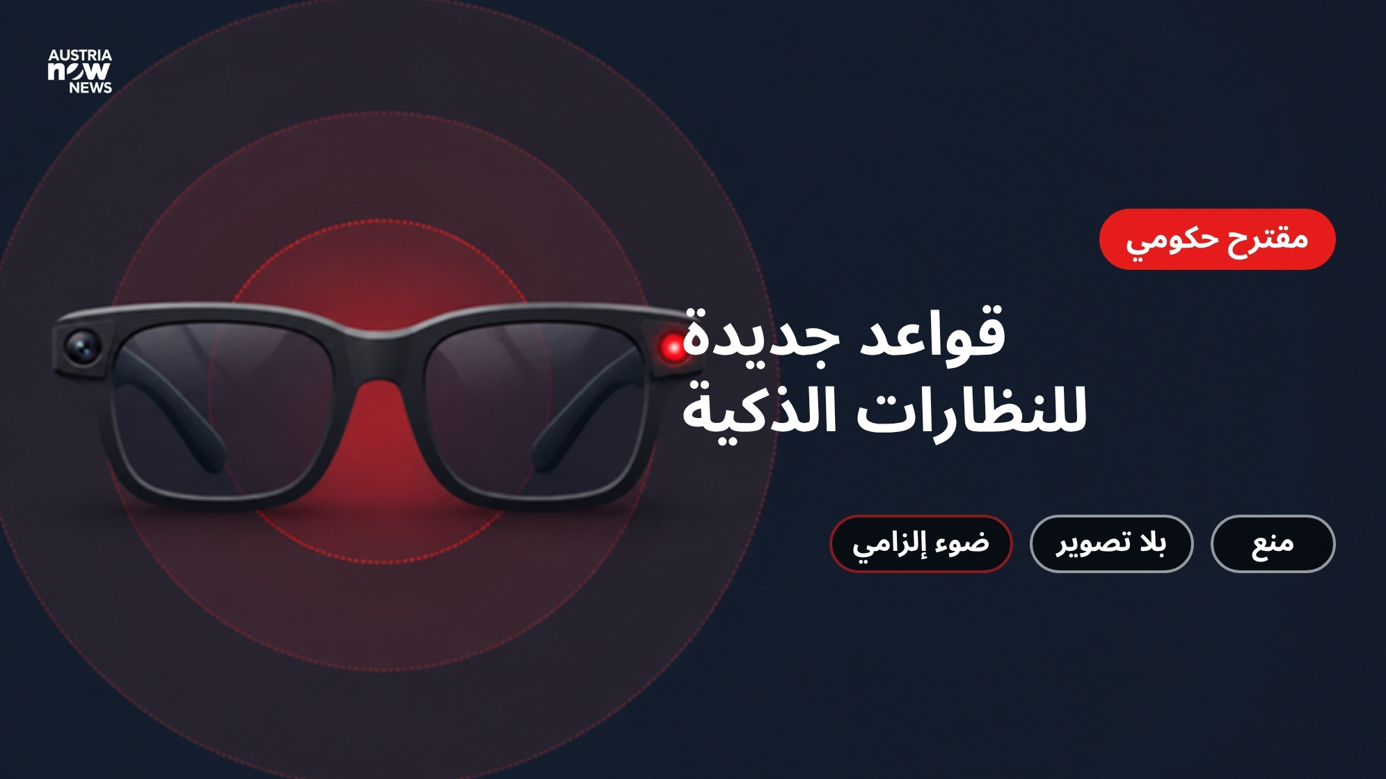رسم توضيحي لنظارة ذكية بضوء تسجيل أحمر، مع عبارة: قواعد جديدة للنظارات الذكية، ومستويات: منع، بلا تصوير، ضوء إلزامي